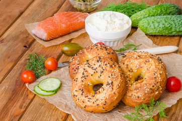 Homemade bagels with ingredients for making sandwich