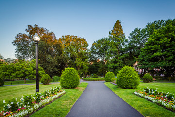 Walkway and gardens at the Boston Public Garden, in Boston, Mass