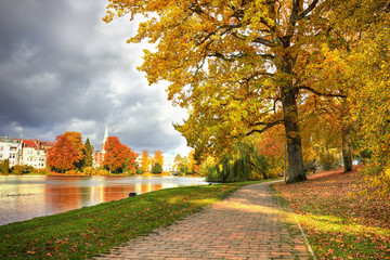Beautiful Colorful Autumn park in  Luebeck, Germany