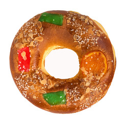 Top view of Kings cake (Roscon de Reyes) isolated on white