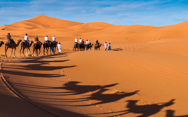 Fototapeta na wymiar Karawane in den Dünen der Sahara bei Merzouga (Erg Chebbi); Marokko
