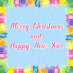 Merry Christmas and Happy New Year banner. Colorful gift boxes with big bows on background snowflakes. Concept design poster, flyer, invitation, greeting card. Cartoon style. Vector illustration