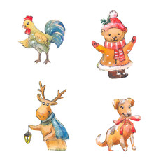Set of cristmas watercolor animals. Dog, deer, bear, rooster.