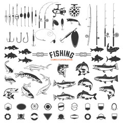 set of Fishing labels design elements. Rods and  fish icons. Design elements for logo, label, emblem, sign, badge. Vector illustration. - obrazy, fototapety, plakaty