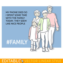 Man about contemporary family values. Meme card. Editable outline sketch. Stock vector illustration.