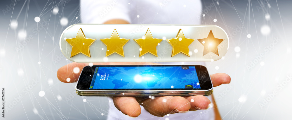 Wall mural businessman rating stars with his mobile phone 3d rendering