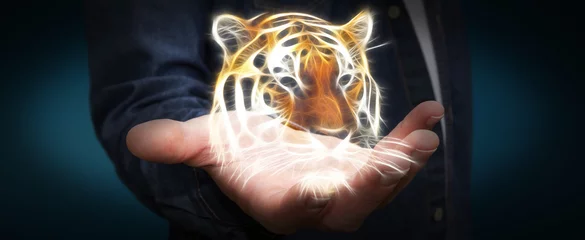 Papier Peint photo Lavable Tigre Personne détenant fractale en voie de disparition illustration 3D renderi