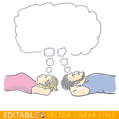 Young happy couple dreaming together. Editable outline sketch. Stock vector illustration.