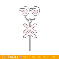 Traffic lights at a railway crossing. Editable outline sketch. Stock vector illustration.