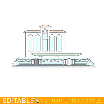 Modern high speed train at the railway station. Flat side view. Editable outline sketch. Stock vector illustration.