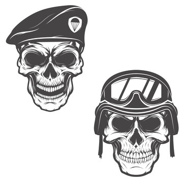 military skulls. Skull in paratrooper beret. Skull in soldier helmet.  Design element for logo, label, emblem, sign, brand mark, poster, t-shirt print. Vector illustration.