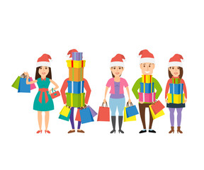 christmas shopping people with gift boxes and bags
