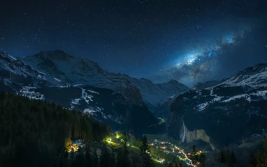 Foto auf Acrylglas Milky way over fairytale-like Lauterbrunnental and the snowy Jungfrau, Bernese Oberland, Switzerland © Ben Burger Foto Graz