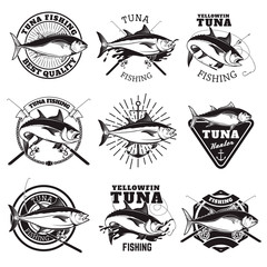 Tuna fishing labels isolated on white background. Design elements for logo, emblem, sign, badge. Vector illustration.