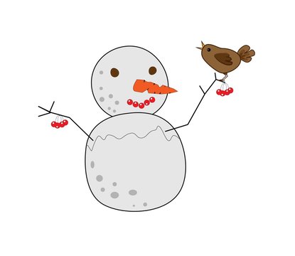 spring welcoming - smiling melting snowman with red cherry spring berry on it's tree branch with singing sparrow bird  