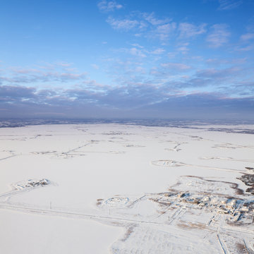Oilfield on the Samotlor lake in winter, top view