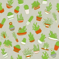 Cactus in a pot. Seamless background. Hand drawing. Vector illustration.