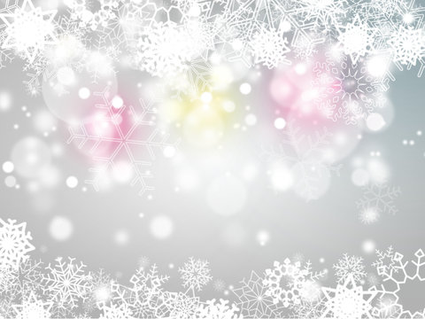 fond de no&euml;l gris avec contour complet en flocons et effet de bokeh