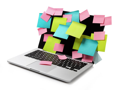 Image Of Laptop Full Of Colorful Sticky Notes Reminders On Scree