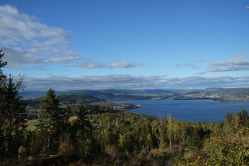 Fototapeta na wymiar View on Drammens fjord from local mountain