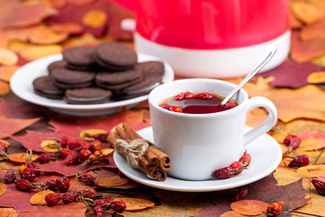 Tea with chocolate cookies on a background of autumn leaves