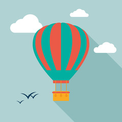 Hot air balloon icon icon with long shadow. Flat design style. Hot air balloon silhouette. Simple icon. Modern flat icon in stylish colors. Web site page and mobile app design element.