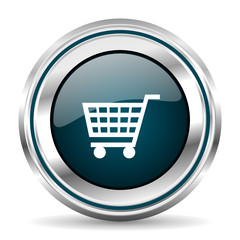 Round silver cart icon metallic vector icon.