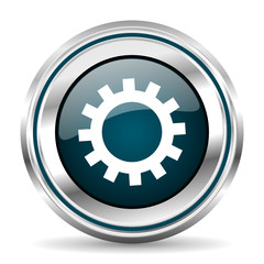 Round silver gear metallic vector icon.