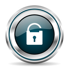 Round silver padlock metallic vector icon.