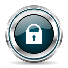 Round silver padlock metallic vector icon.