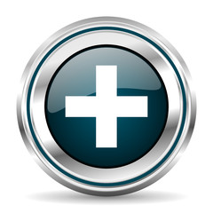 Round silver plus metallic vector icon.