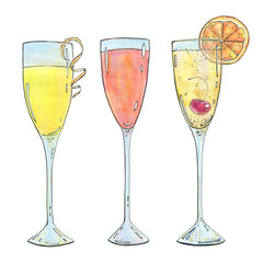 hand drawn set of watercolor cocktails Mimosa Bellini Champagne