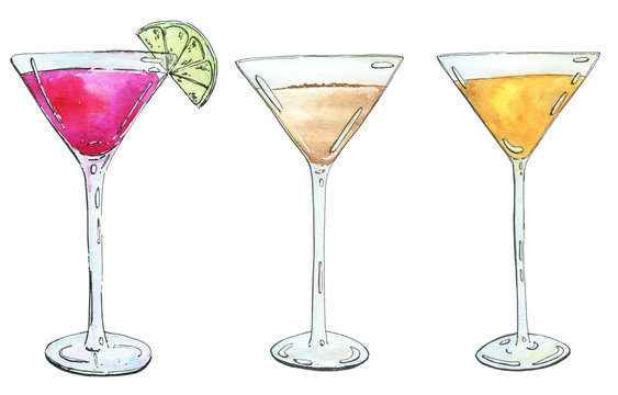 hand drawn set of watercolor cocktails Alexander Between the She