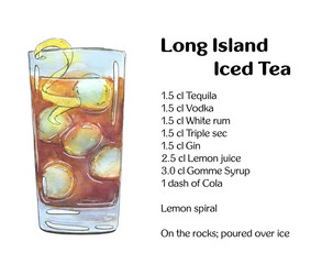 hand drawn watercolor cocktail Long Island Iced Tea on white bac