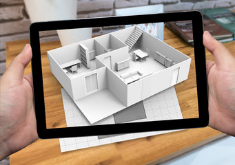 Augmented reality marketing concept for architecture. Hand holding tablet using AR application to simulate 3d popup interactive room maps to life. 3d rendering
