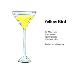 hand drawn watercolor cocktail Yellow Bird on white background