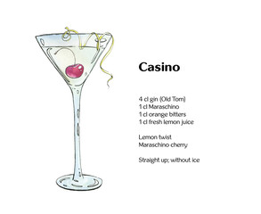 hand drawn watercolor cocktail Casino  on white background