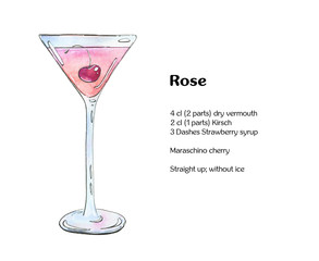 hand drawn watercolor cocktail Rose on white background