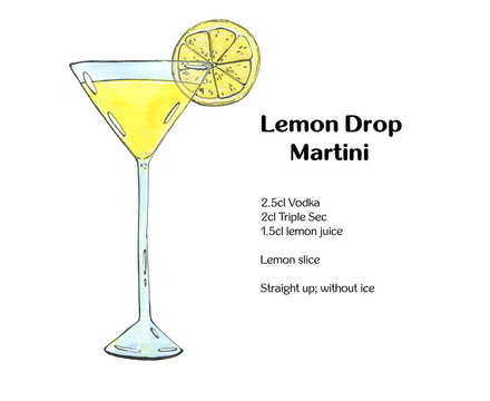 hand drawn watercolor cocktail Lemon Drop Martini on white backg
