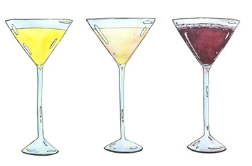 hand drawn set of watercolor cocktails Yellow Bird Golden dream