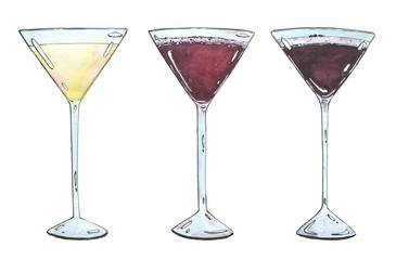 hand drawn set of watercolor cocktails Golden dream Porto flip