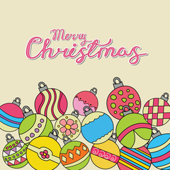 Fototapeta premium Merry Christmas card background design with decoration balls elements. Greeting card doodle vector illustration with lettering.