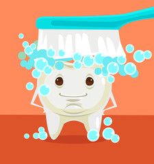 Tooth cleaning. Happy tooth character. Vector flat cartoon illustration