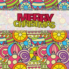 Merry Christmas card background design with decoration balls elements. Greeting card doodle vector illustration with lettering.