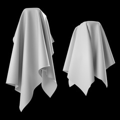 3d abstract white cloth, flying fabric, dynamic textile object isolated on black background