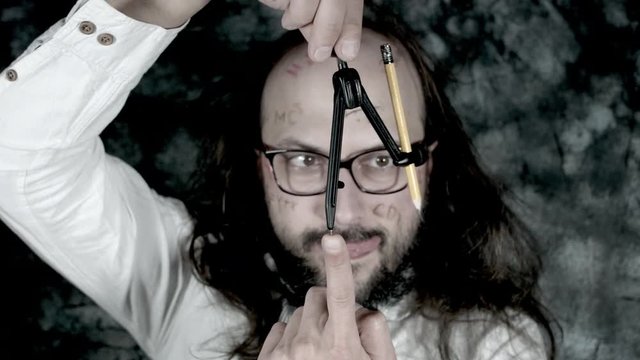4k Crazy Professor Science Man Playing with Compasses