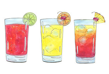 hand drawn set of graphic watercolor cocktails Sea Breeze Harvey Wallbanger Planter's Punch on white background 