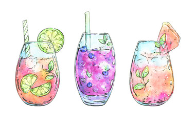 hand drawn watercolor cocktail French 75 on white background