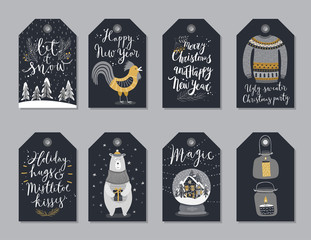 Christmas tags set, hand drawn style.