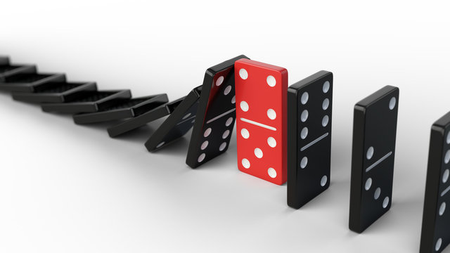 Leadership and teamwork concept - Red domino stops falling other dominoes. 3d render